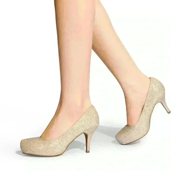 DREAM PAIRS Elegant Low Stiletto Heel Dress Platform Pump Sparkly Gold Shoe 9.5 - Picture 4 of 5